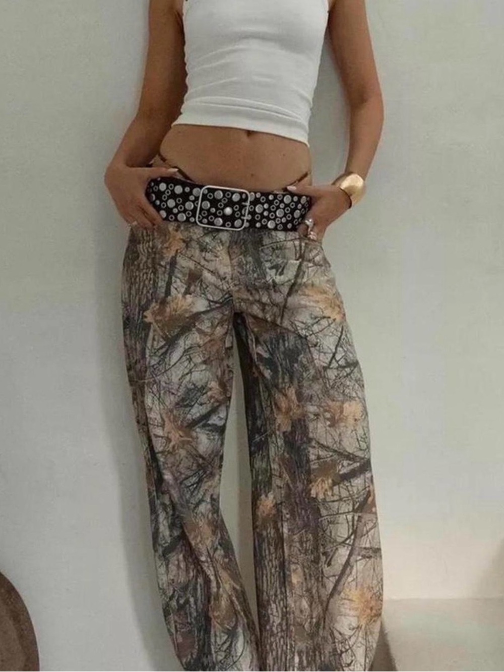 BERSHKA VIRAL TREE CAMO WIDE LEG PANTS (belt not included)